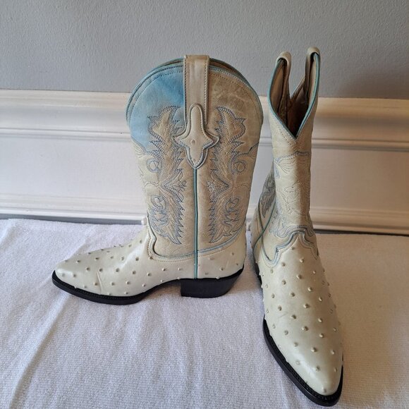 Mens Ostrich Imitation Western Rodeo Leather Boots white and‎ Blue Size 3.5 - Picture 2 of 16